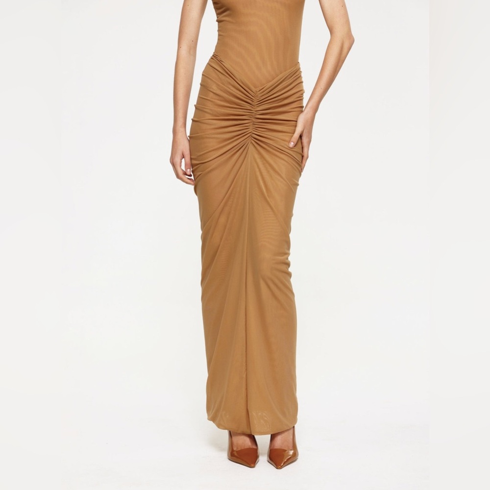 Effie Kats Pilar Mesh Maxi Skirt - Dark Skin Tan Size M Ruched Bodycon